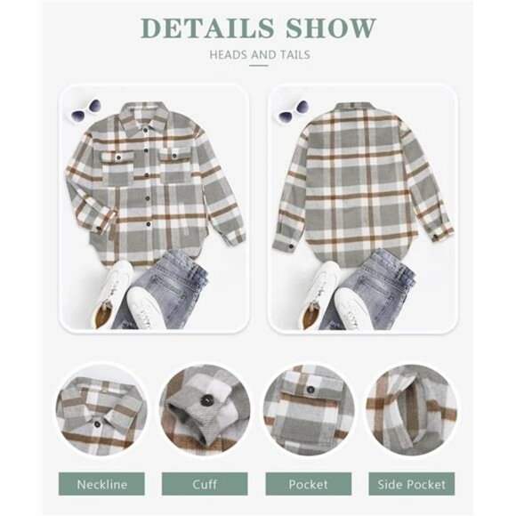 Women's Flannel Plaid Shacket Long Sleeve Button Down Shirts with Side Pockets - Picture 5 of 6